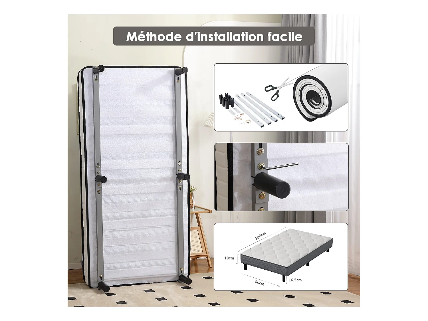 DEWINNER Matras- en bedbodemset 90x190 cm, matras met pocketveren en stevig ijzeren bedframe met 6 poten, matrasdikte 18 cm