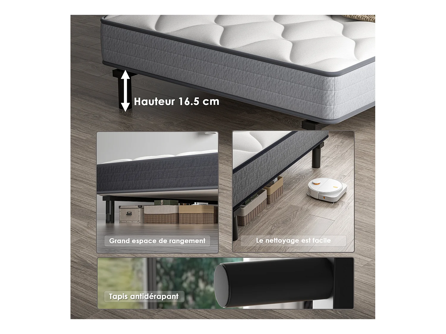 DEWINNER Matras- en bedbodemset 90x190 cm, matras met pocketveren en stevig ijzeren bedframe met 6 poten, matrasdikte 18 cm