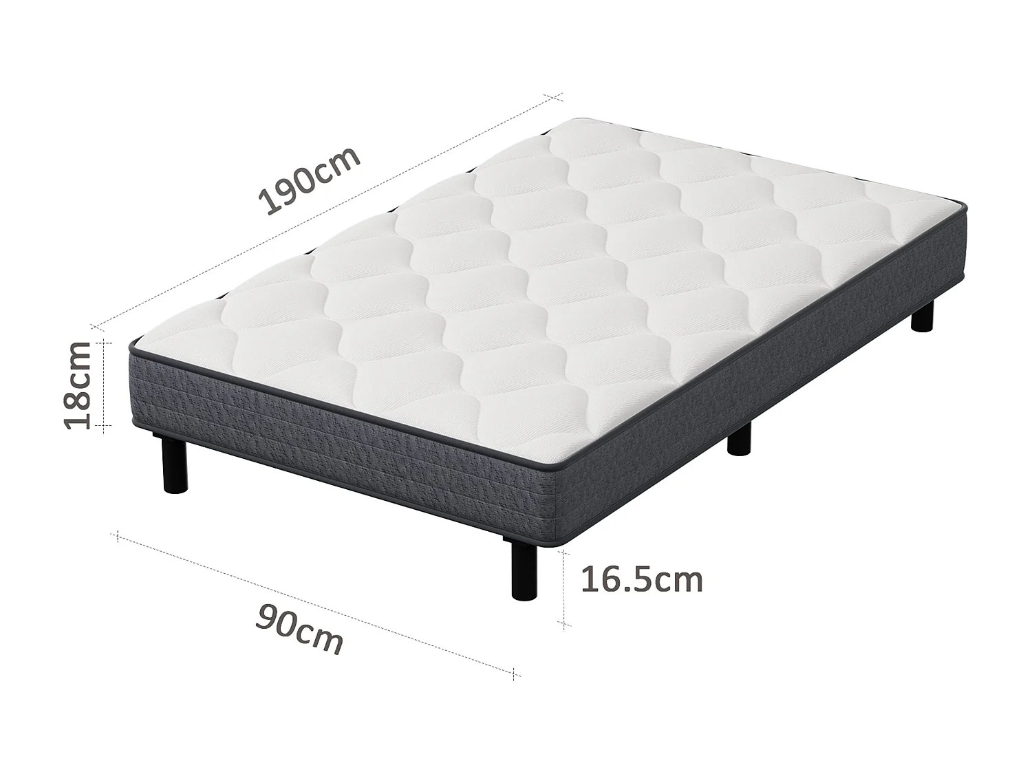 Ensemble Matelas et Sommier 90x190cm,Matelas à Ressorts ensachés et Robuste Cadre de lit en Fer avec 6 Pieds, Matelas épaisseur 18cm