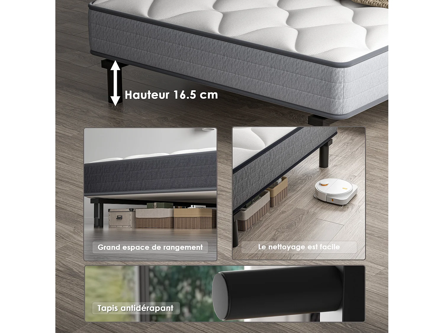 Ensemble Matelas et Sommier 90x190cm,Matelas à Ressorts ensachés et Robuste Cadre de lit en Fer avec 6 Pieds, Matelas épaisseur 18cm