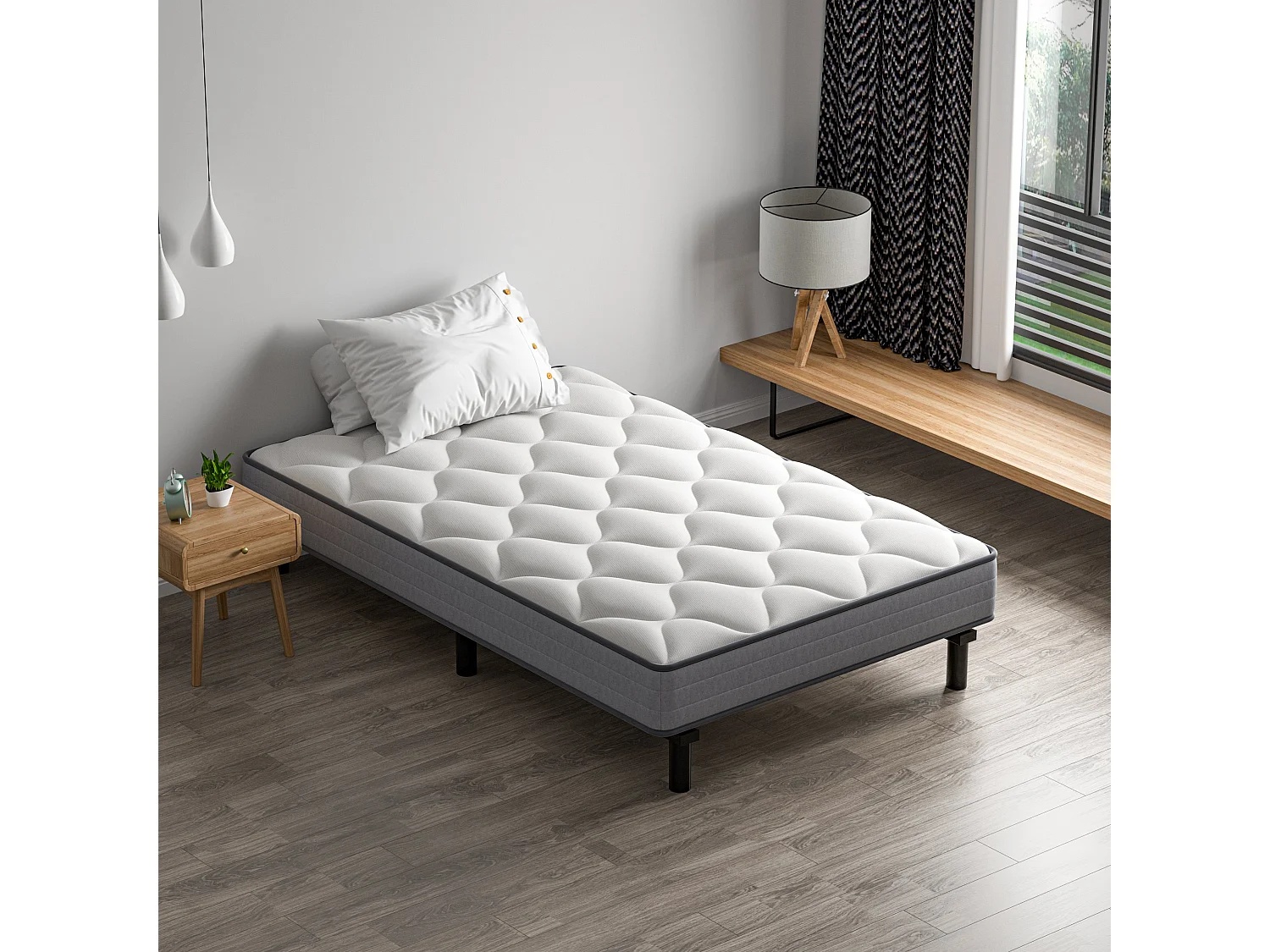 Ensemble Matelas et Sommier 90x190cm,Matelas à Ressorts ensachés et Robuste Cadre de lit en Fer