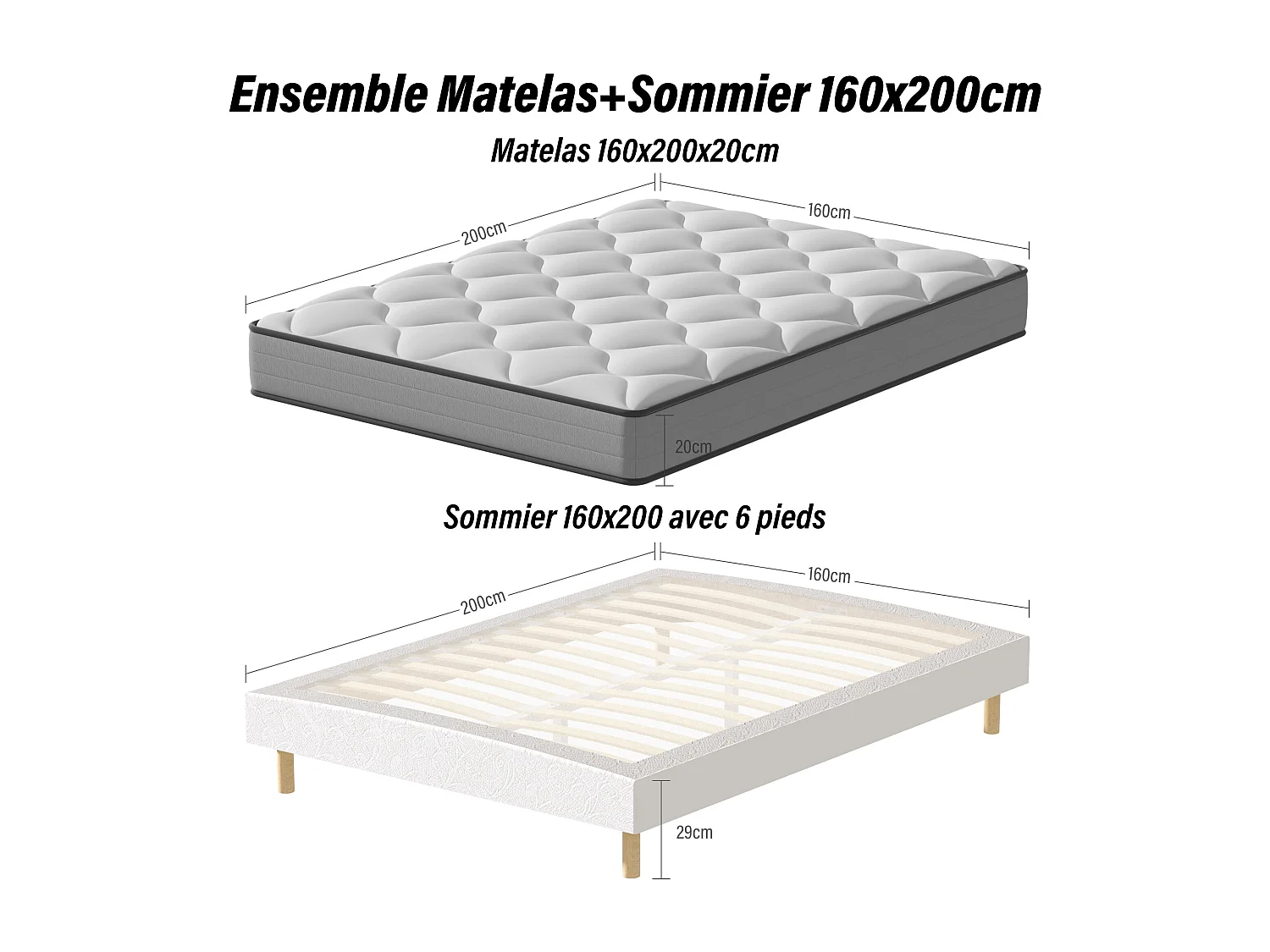 Ensemble Matelas à ressorts+ Lit Sommier Tapissier Déco 160x200cm, Epaisseur du Matelas 20cm