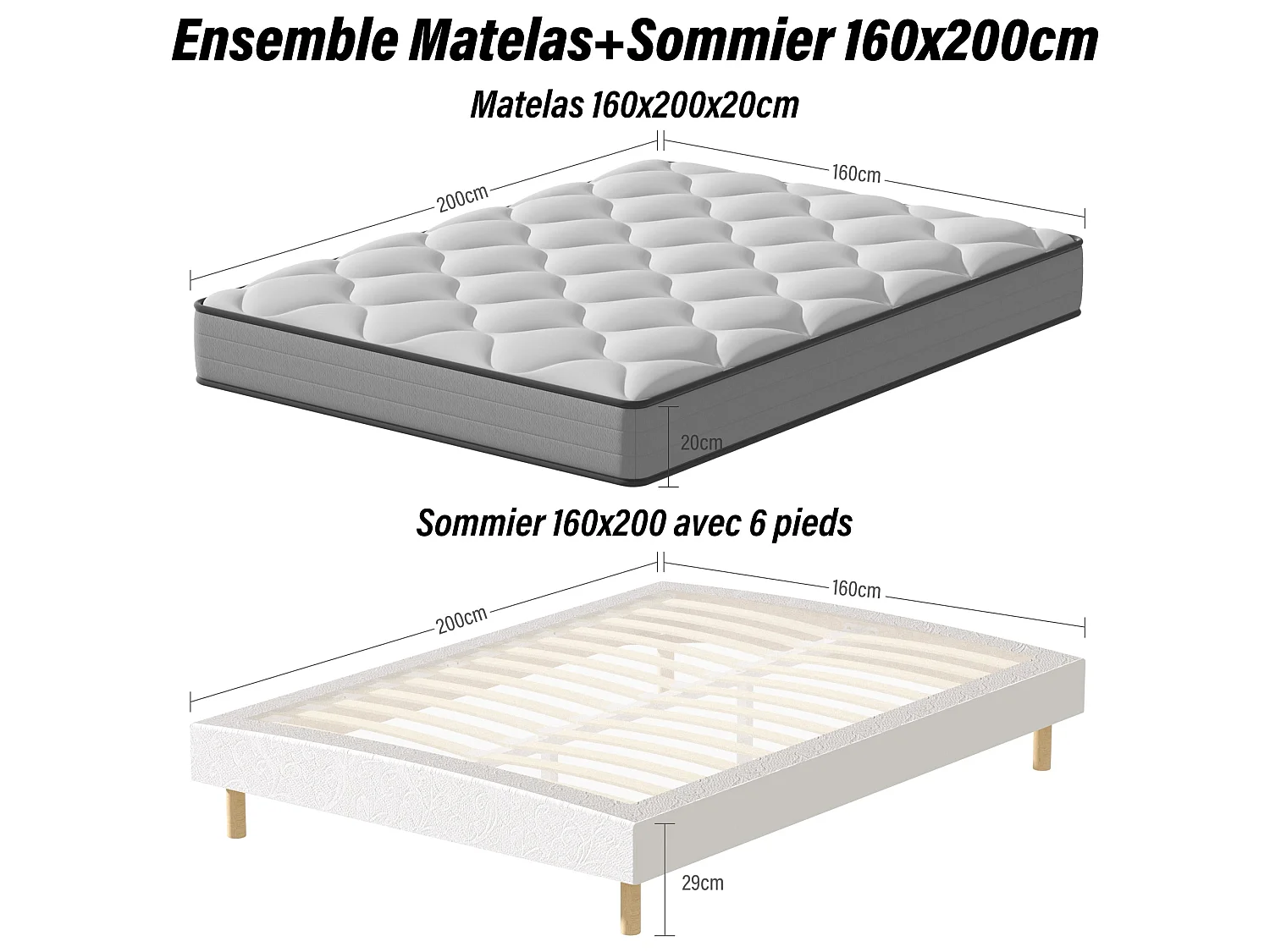 Ensemble Matelas à ressorts+ Sommier à Lattes 160x200cm, Epaisseur du Matelas 20cm