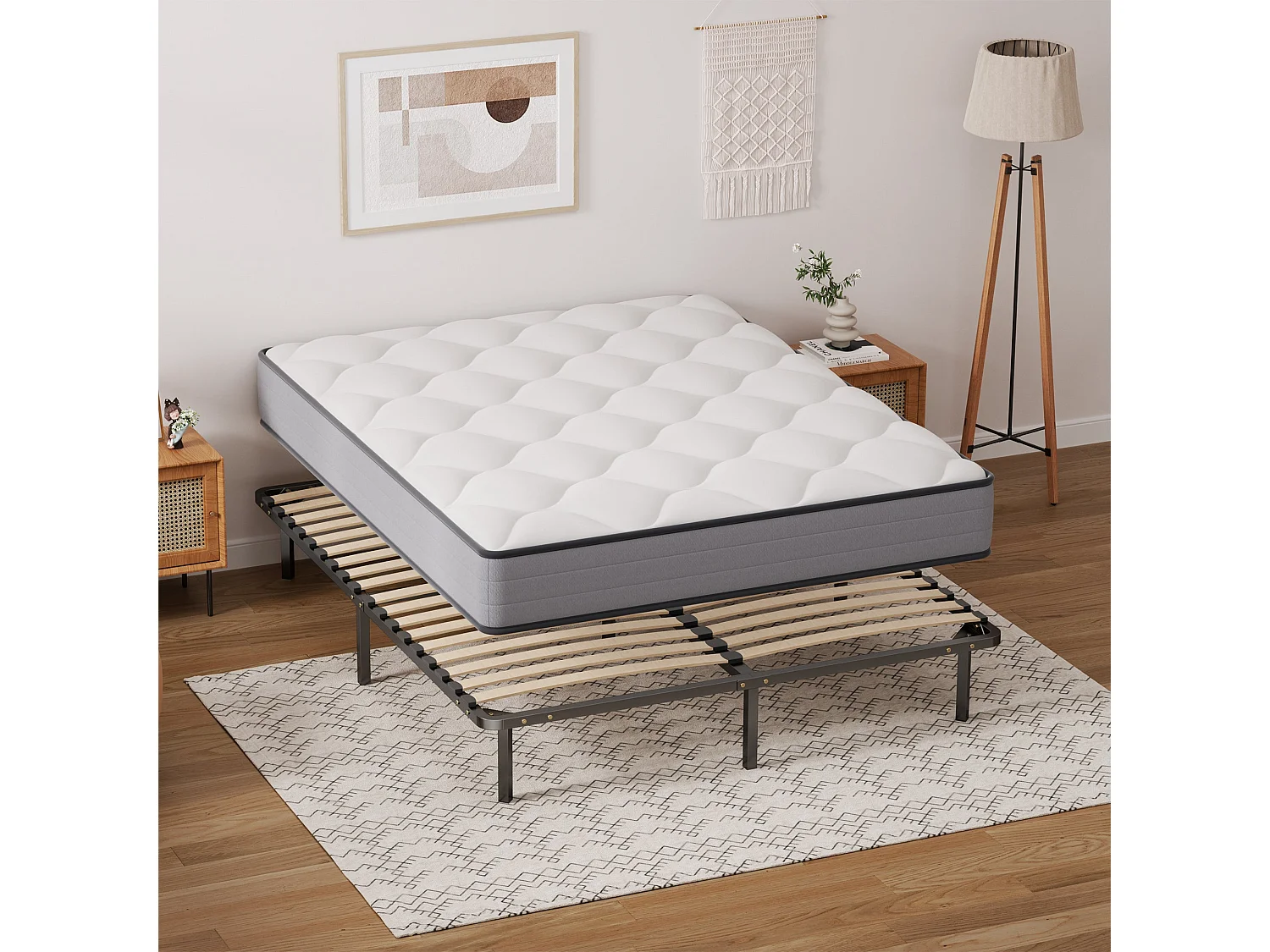 Ensemble 140x190cm Matelas à ressorts +Sommier à Lattes sur Pieds, Epaisseur du Matelas 20cm