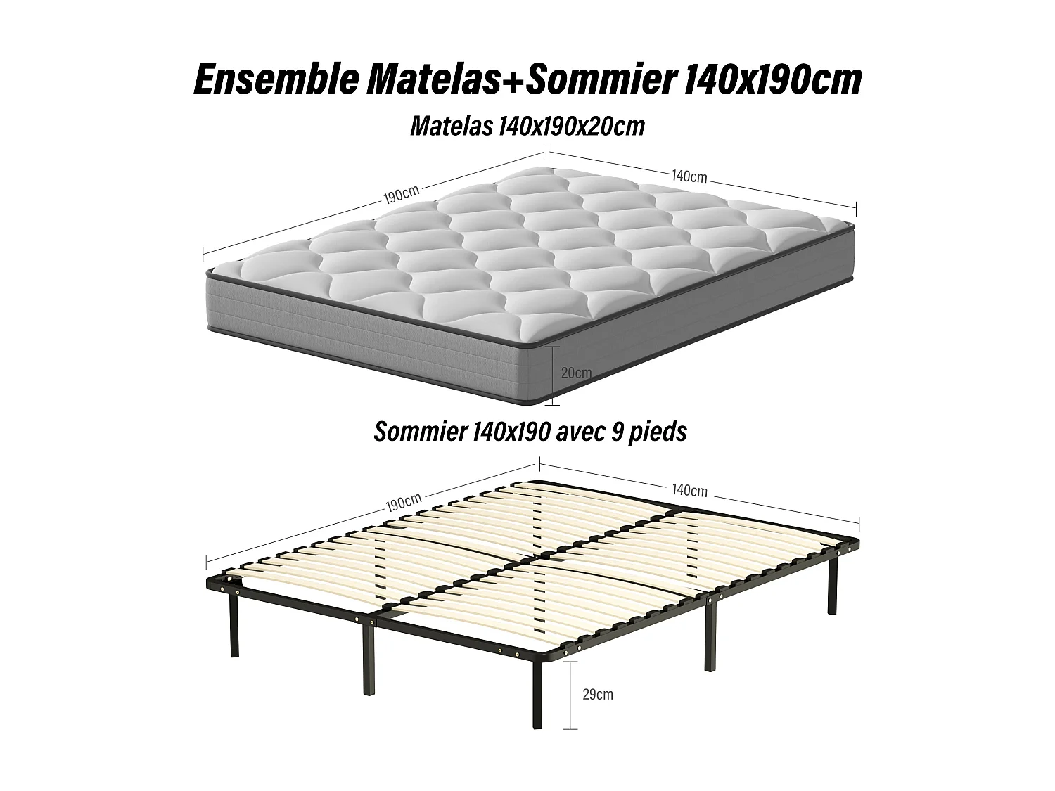 Ensemble 140x190cm Matelas à ressorts +Sommier à Lattes sur Pieds, Epaisseur du Matelas 20cm