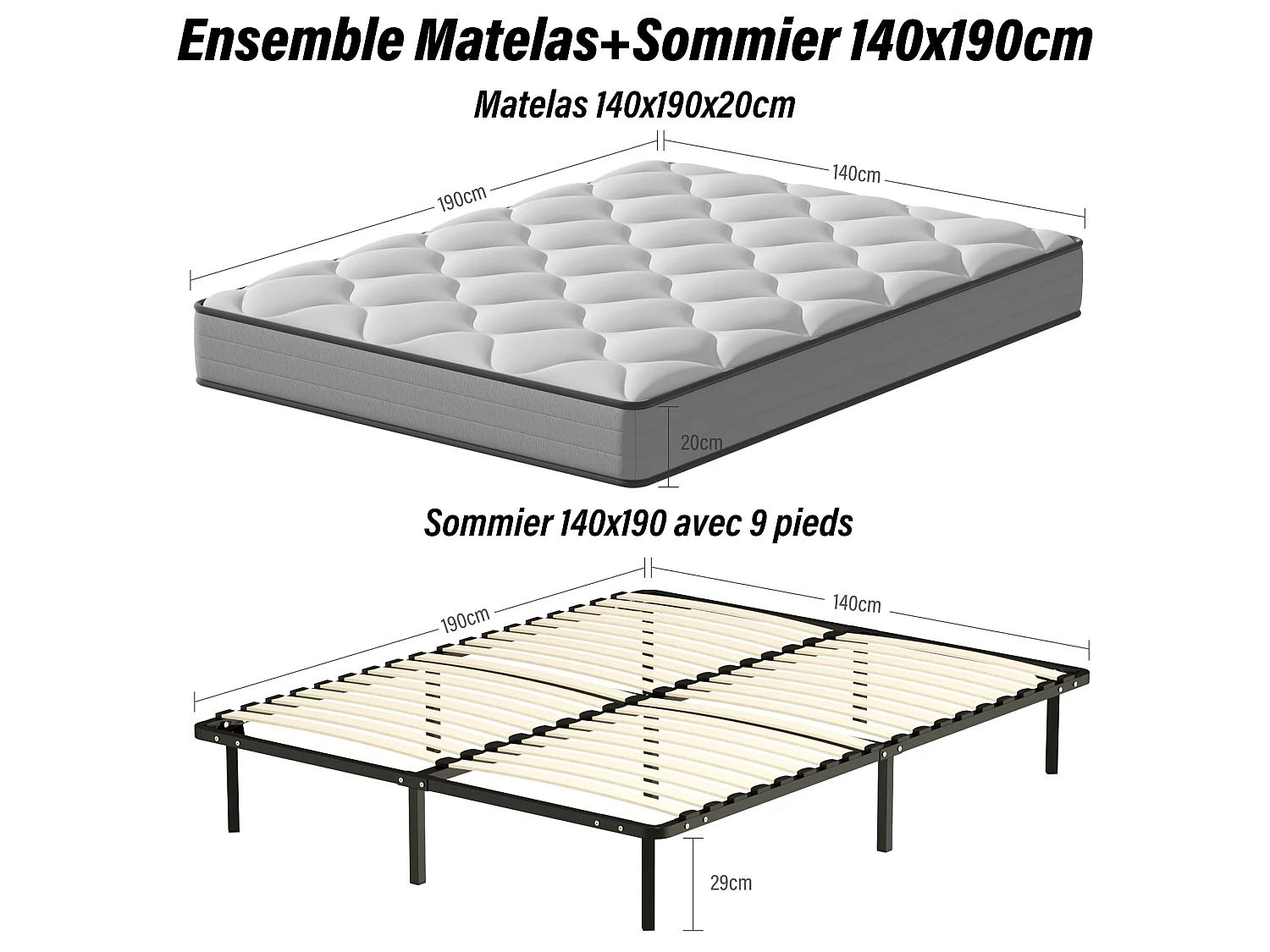 Ensemble 140x190cm Matelas à ressorts +Sommier à Lattes sur Pieds, Epaisseur du Matelas 20cm
