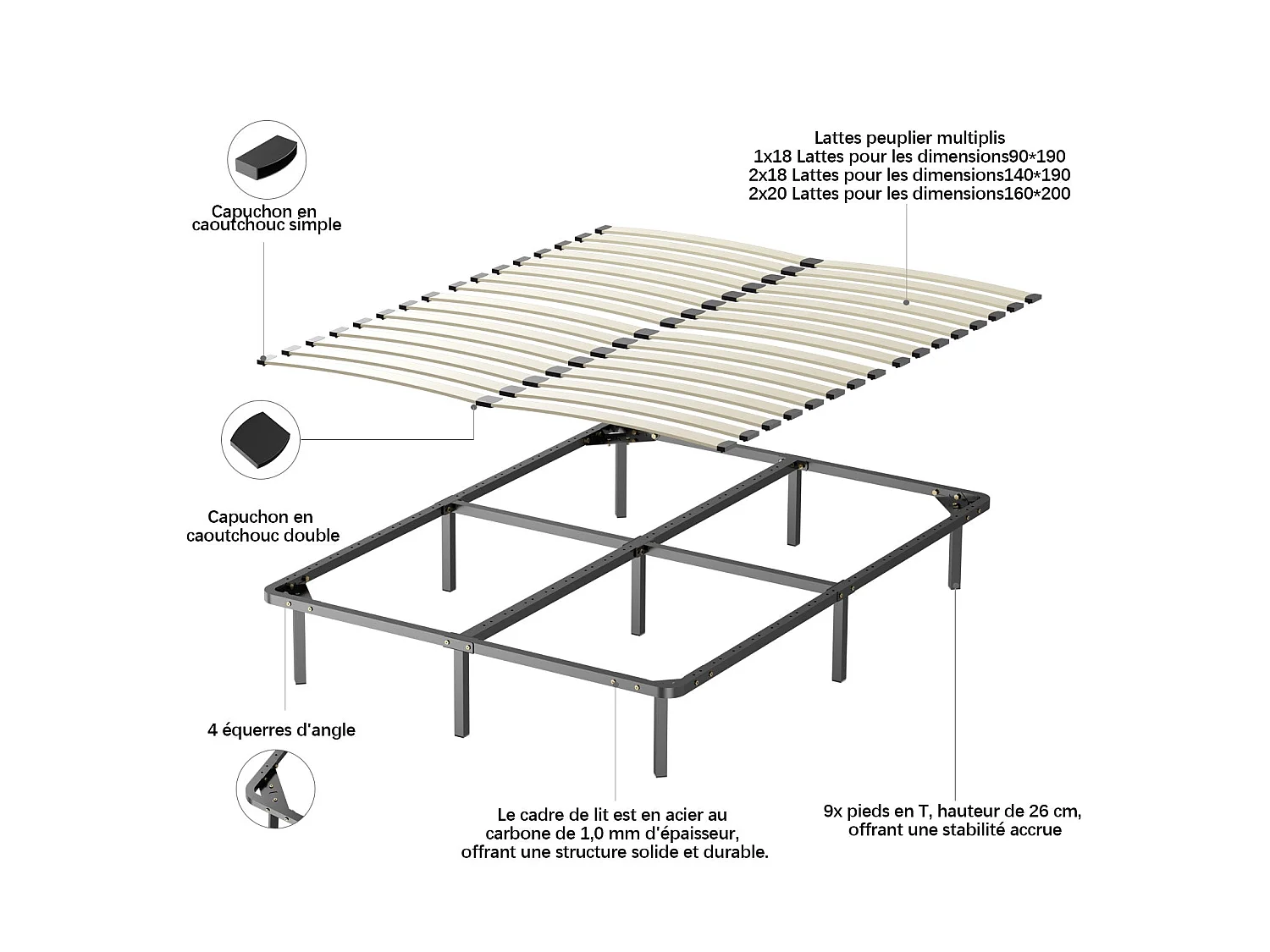 Ensemble 140x190cm Matelas à ressorts +Sommier à Lattes sur Pieds, Epaisseur du Matelas 20cm
