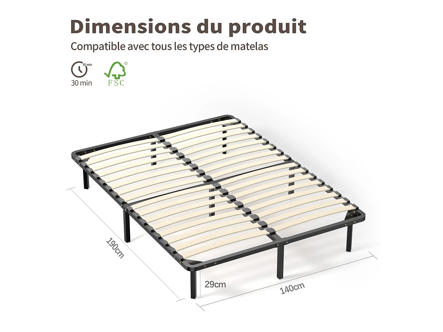 Ensemble 140x190cm Matelas à ressorts +Sommier à Lattes sur Pieds, Epaisseur du Matelas 20cm