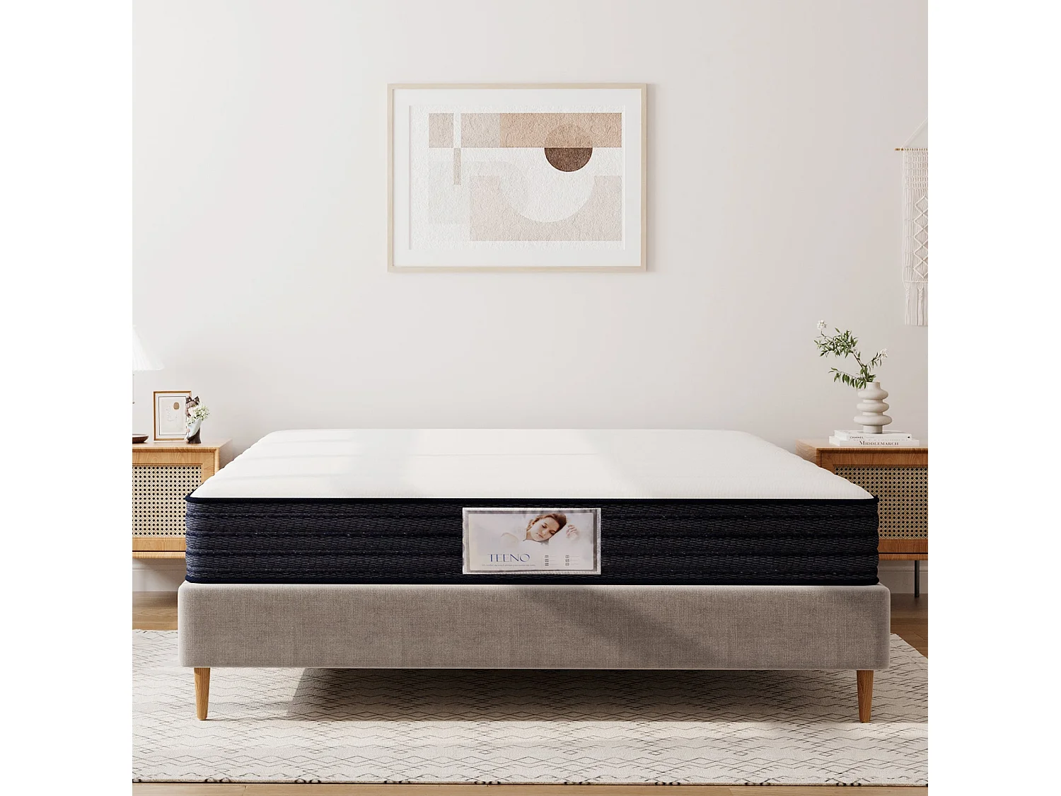 Ensemble Matelas à ressorts + Cadre de lit Plateforme Capitonné 140x190cm, Epaisseur du Matelas 22cm