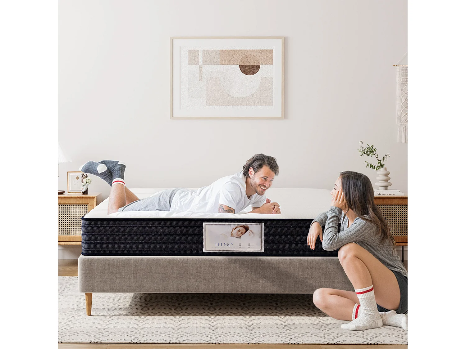 Ensemble Matelas à ressorts + Cadre de lit Plateforme Capitonné 140x190cm, Epaisseur du Matelas 22cm