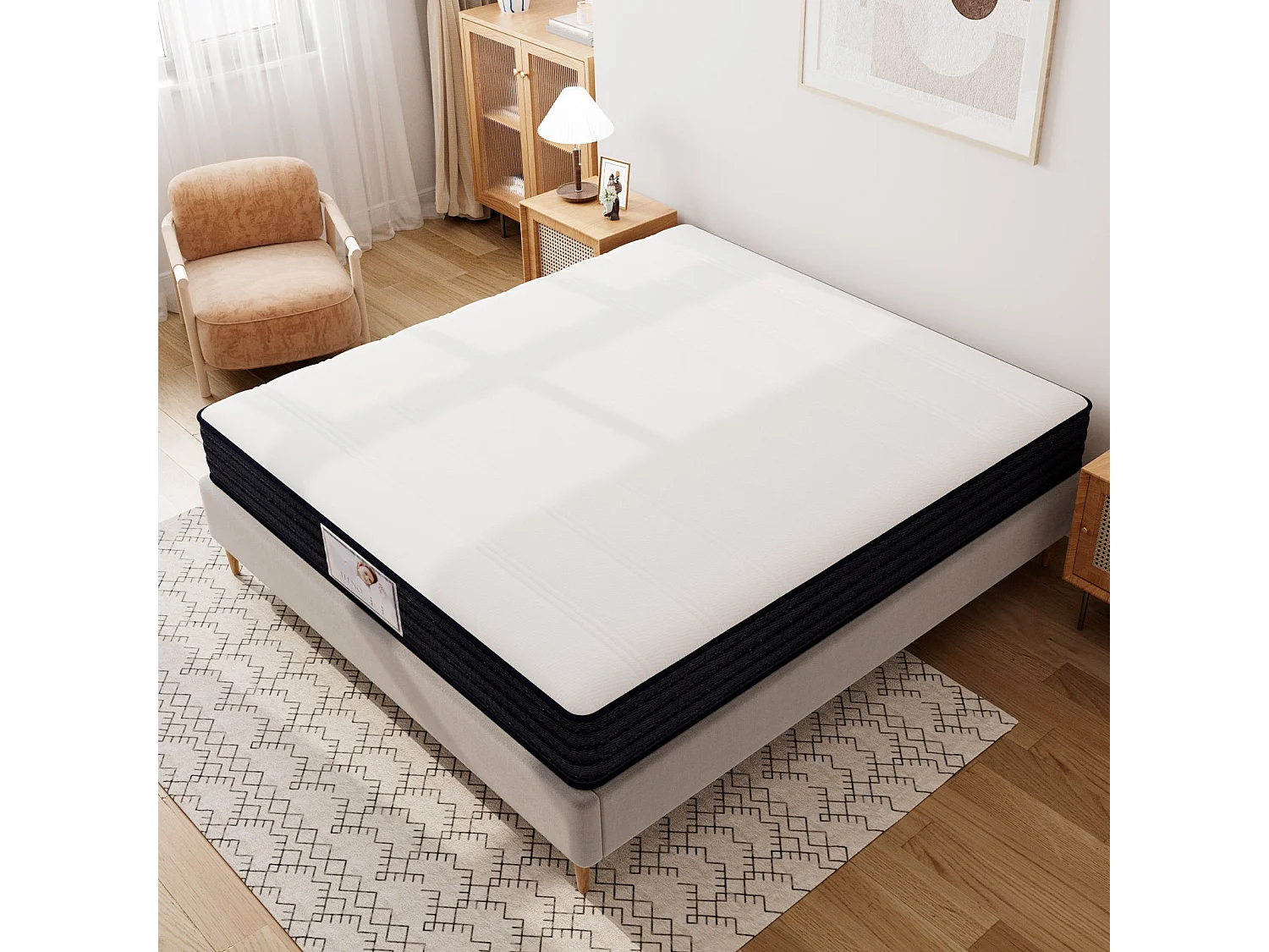 Ensemble Matelas à ressorts + Cadre de lit Plateforme Capitonné 140x190cm, Epaisseur du Matelas 22cm