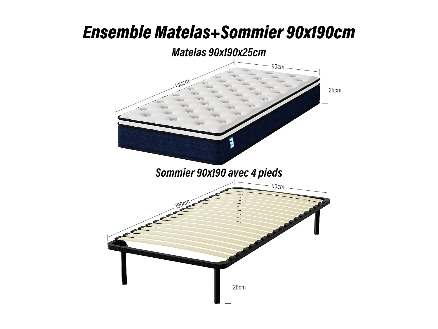 Ensemble Matelas à ressorts +Sommier à Lattes sur Pieds, 90x190cm, Epaisseur du Matelas 25cm