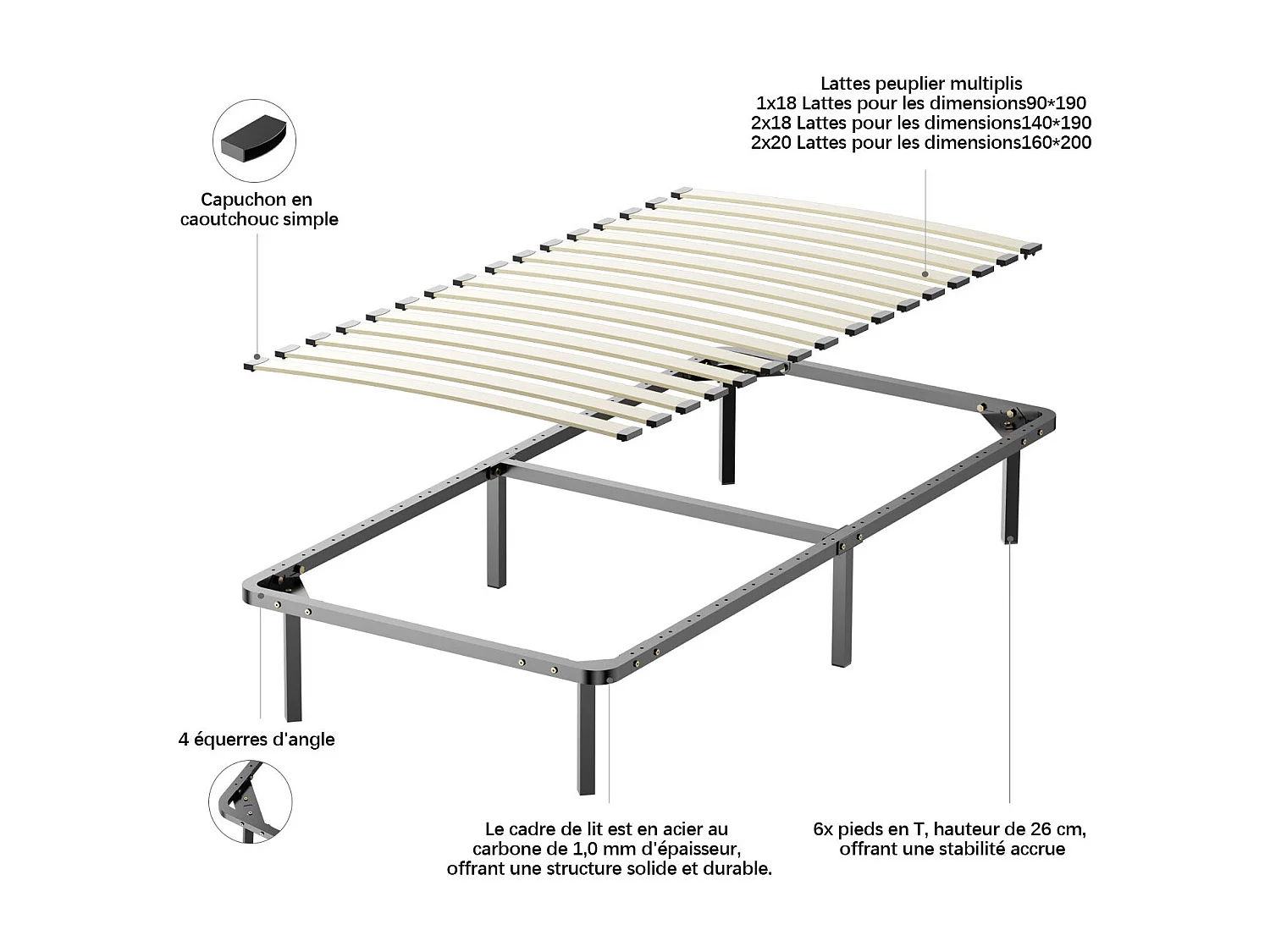 Ensemble Matelas à ressorts +Sommier à Lattes sur Pieds, 90x190cm, Epaisseur du Matelas 25cm