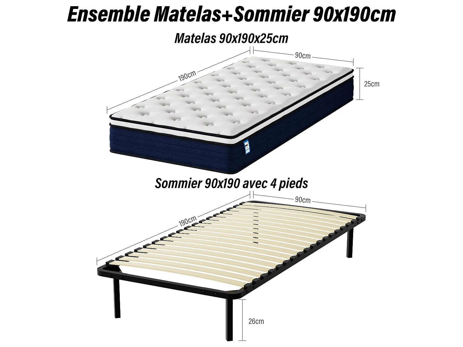 Ensemble Matelas à ressorts +Sommier à Lattes sur Pieds, 90x190cm, Epaisseur du Matelas 25cm