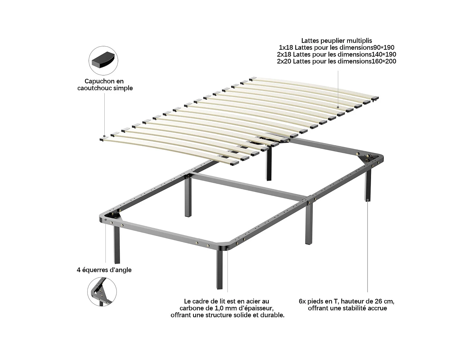 Ensemble Matelas à ressorts +Sommier à Lattes sur Pieds, 90x190cm, Epaisseur du Matelas 25cm