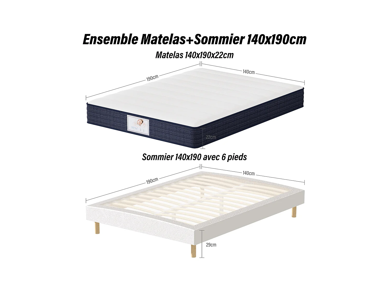Ensemble Matelas à ressorts+ Lit Sommier Tapissier Déco 140x190cm, Epaisseur du Matelas 22cm
