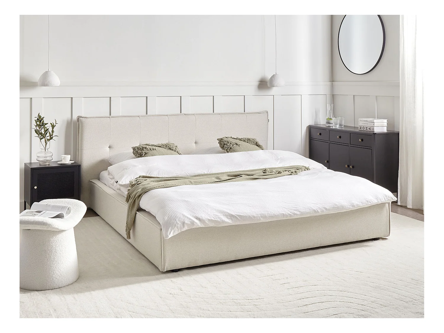 Lit avec sommier Lin synthétique LESTRE 180 x 200 cm Blanc cassé