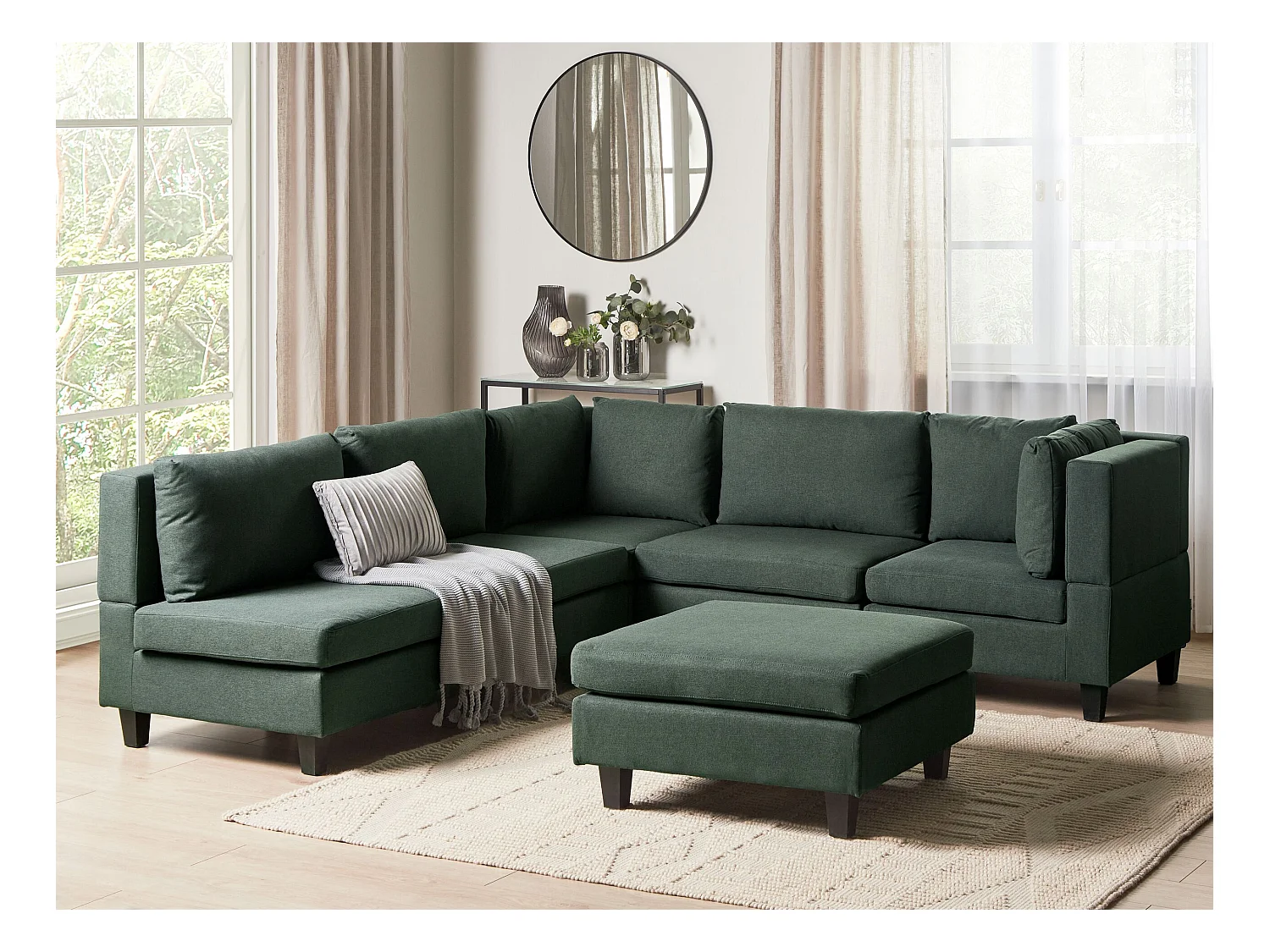 Canapé d'angle modulable 5 places UNSTAD Tissu Vert foncé avec ottoman Côté droite