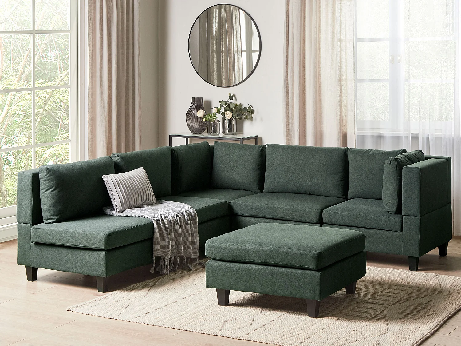 Canapé d'angle modulable 5 places UNSTAD Tissu Vert foncé avec ottoman Côté droite