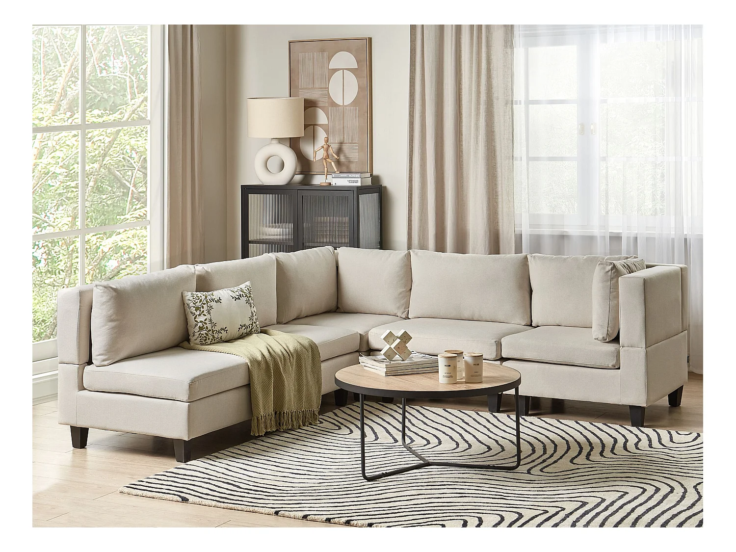 Canapé d'Angle Moderne Modulaire 5 Places Côté droite Pieds Noirs et Tissu Rembourré Beige Clair Unstad