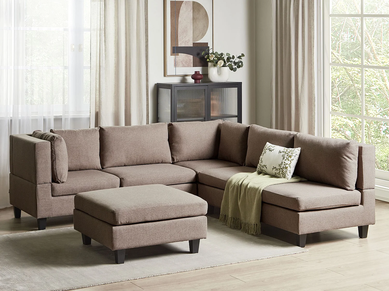Canapé d'angle modulable UNSTAD Tissu Marron avec ottoman 5 places Côté droit