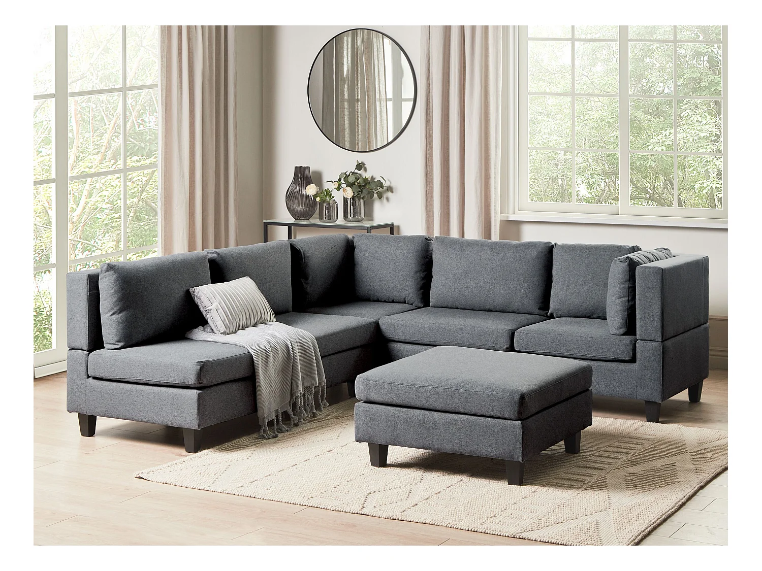 Canapé d'angle modulable 5 places UNSTAD Tissu Gris foncé avec ottoman Côté droite