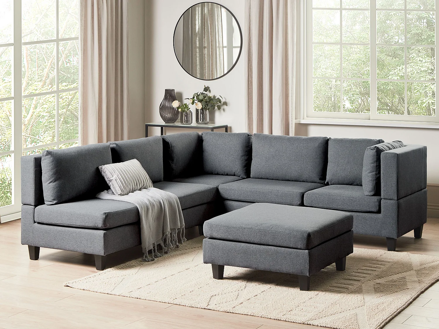 Canapé d'angle modulable UNSTAD Tissu Gris foncé avec ottoman 5 places Côté gauche