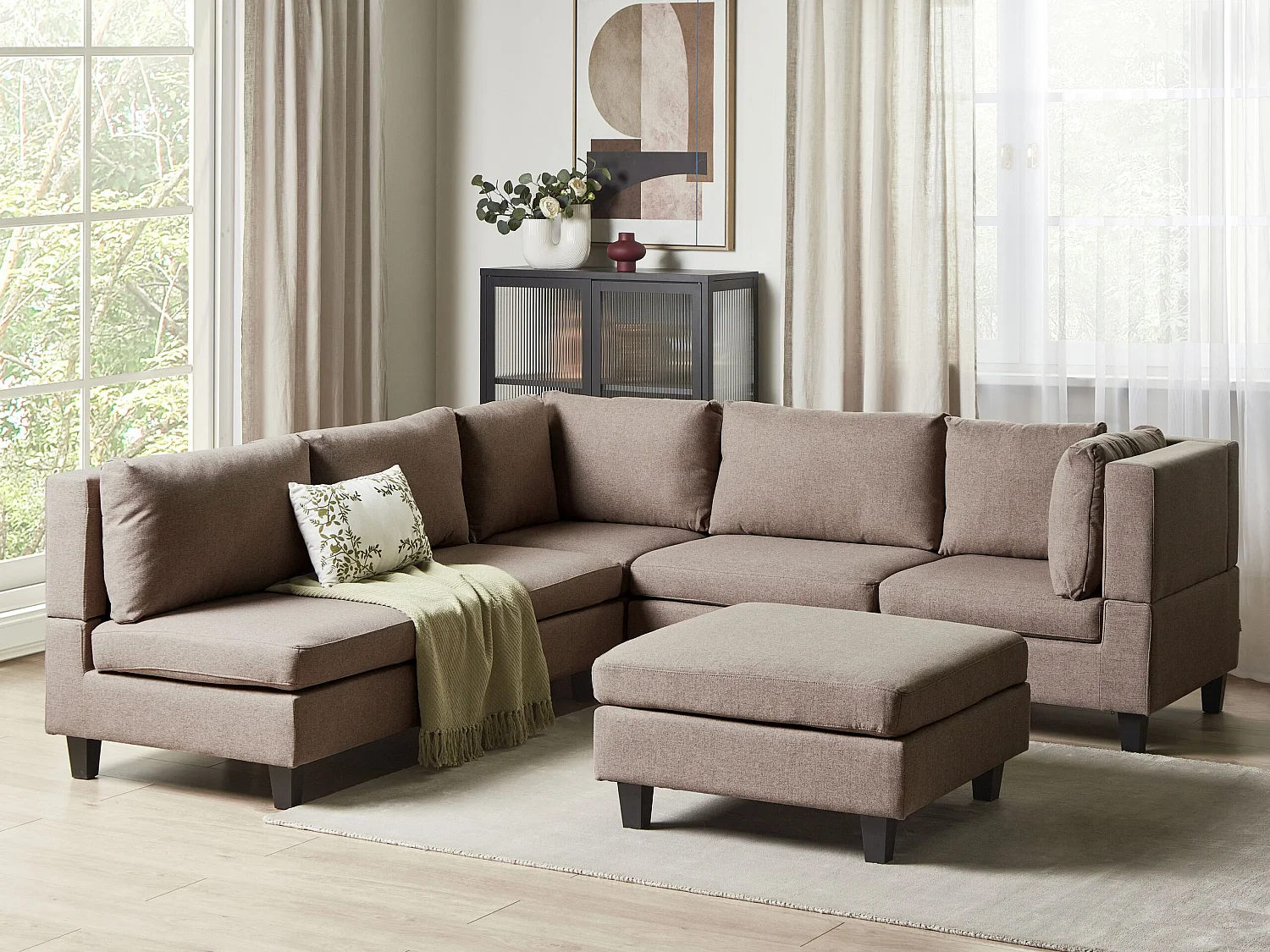 Canapé d'angle modulable UNSTAD Tissu Marron avec ottoman 5 places Côté gauche