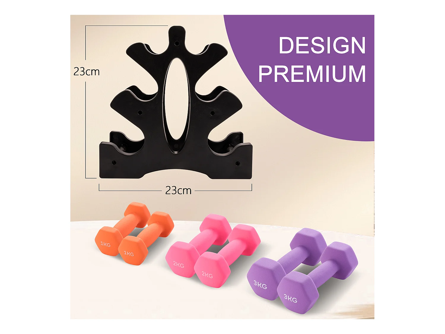 Haltères Néoprène 1kg 2kg 3kg avec Support – Set de 6 Haltères Musculation