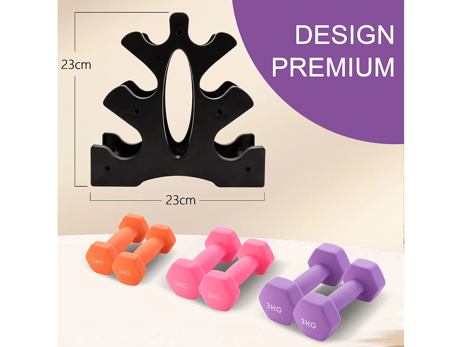 Haltères Néoprène 1kg 2kg 3kg avec Support – Set de 6 Haltères Musculation