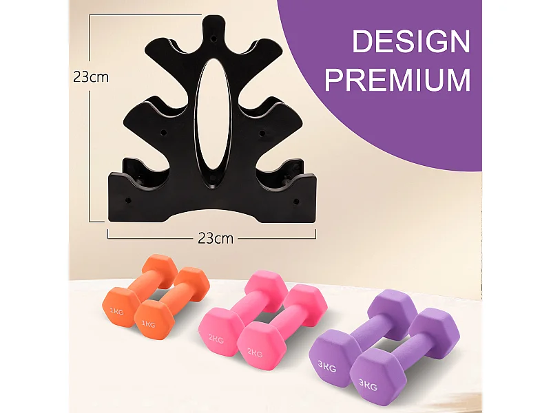 Haltères Néoprène 1kg 2kg 3kg avec Support – Set de 6 Haltères Musculation