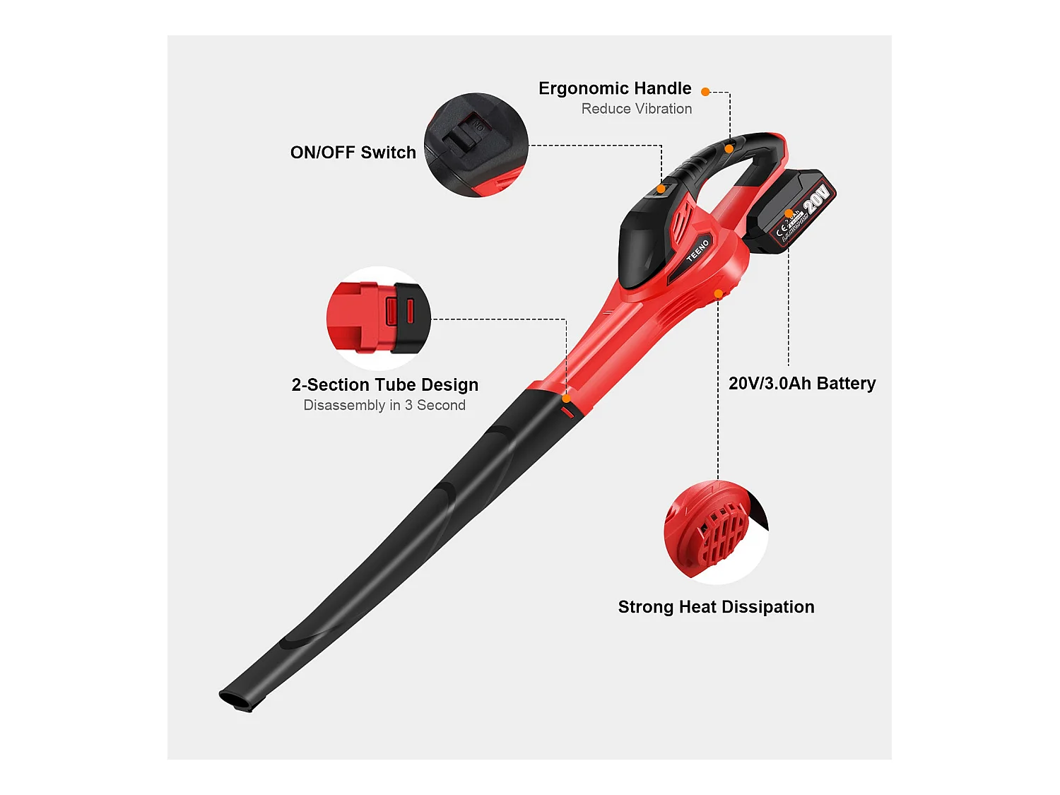 Souffleur de Feuilles sans Fil 20V 3.0Ah 1x Batterie，1xChargeur, Rouge,Compatible avec les batteries Makita