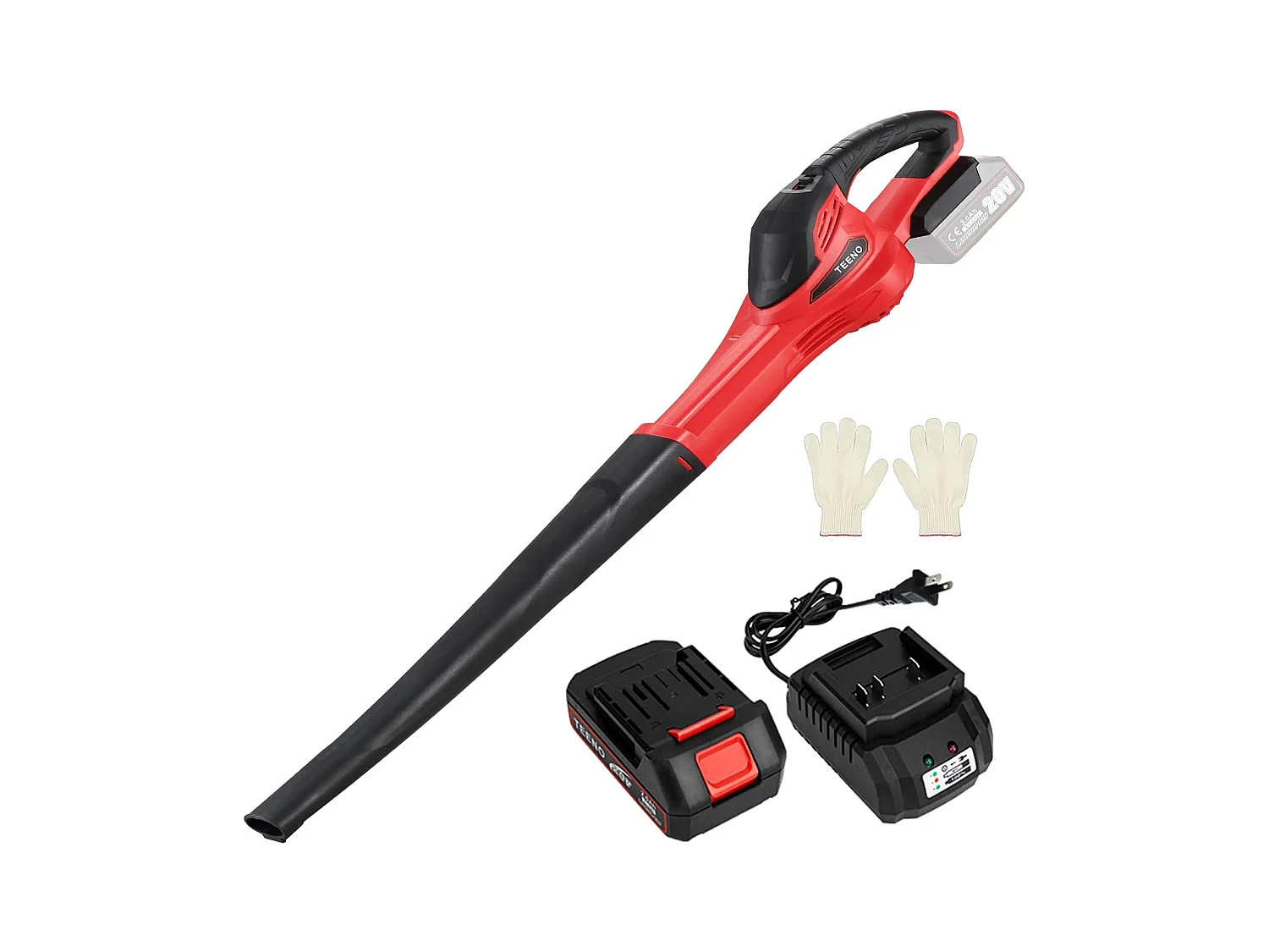 Souffleur de Feuilles sans Fil 20V 3.0Ah 1x Batterie，1xChargeur, Rouge