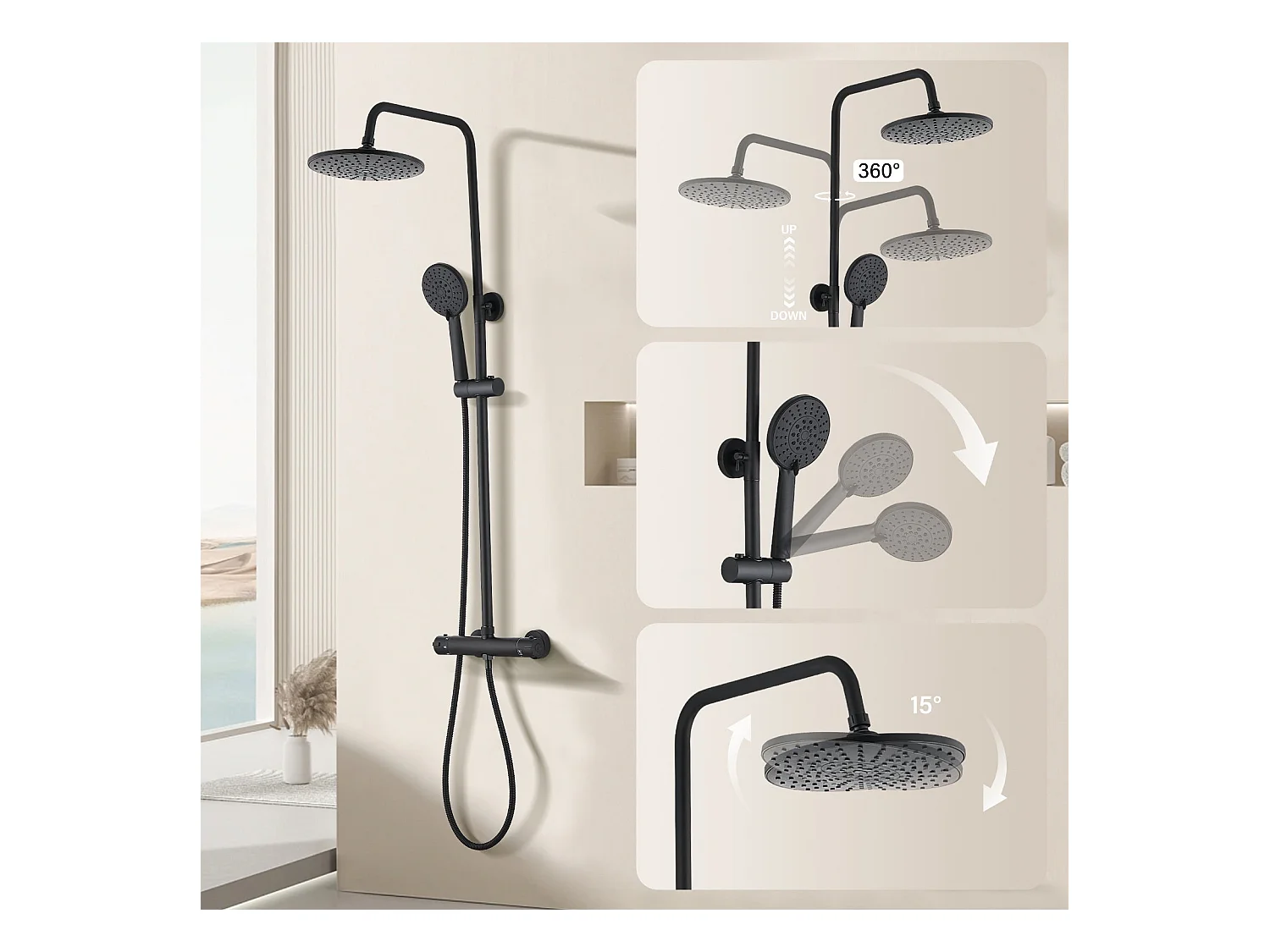 Colonne de douche thermostatique, Système de douche thermostatique 38°C, Noir