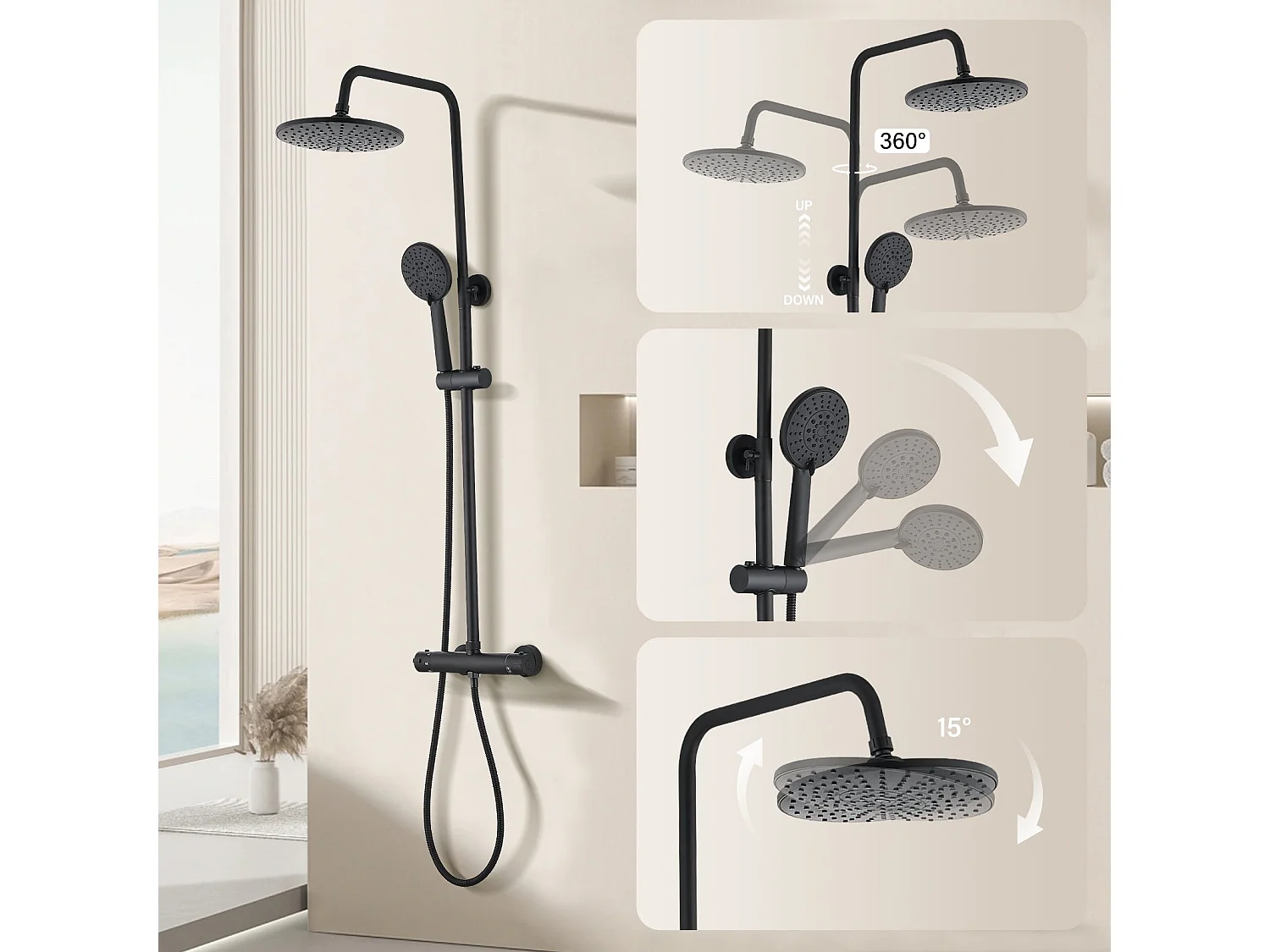 Thermostatische doucheslang, Thermostatisch douchesysteem 38 ¡ãC, Zwart