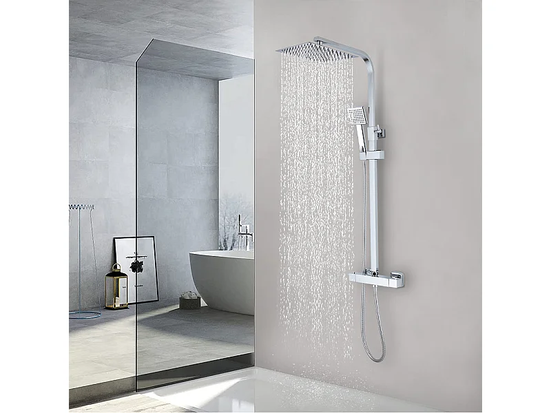 Colonne de Douche Thermostatique, avec Mitigeur Réglable Hauteur, Argentée