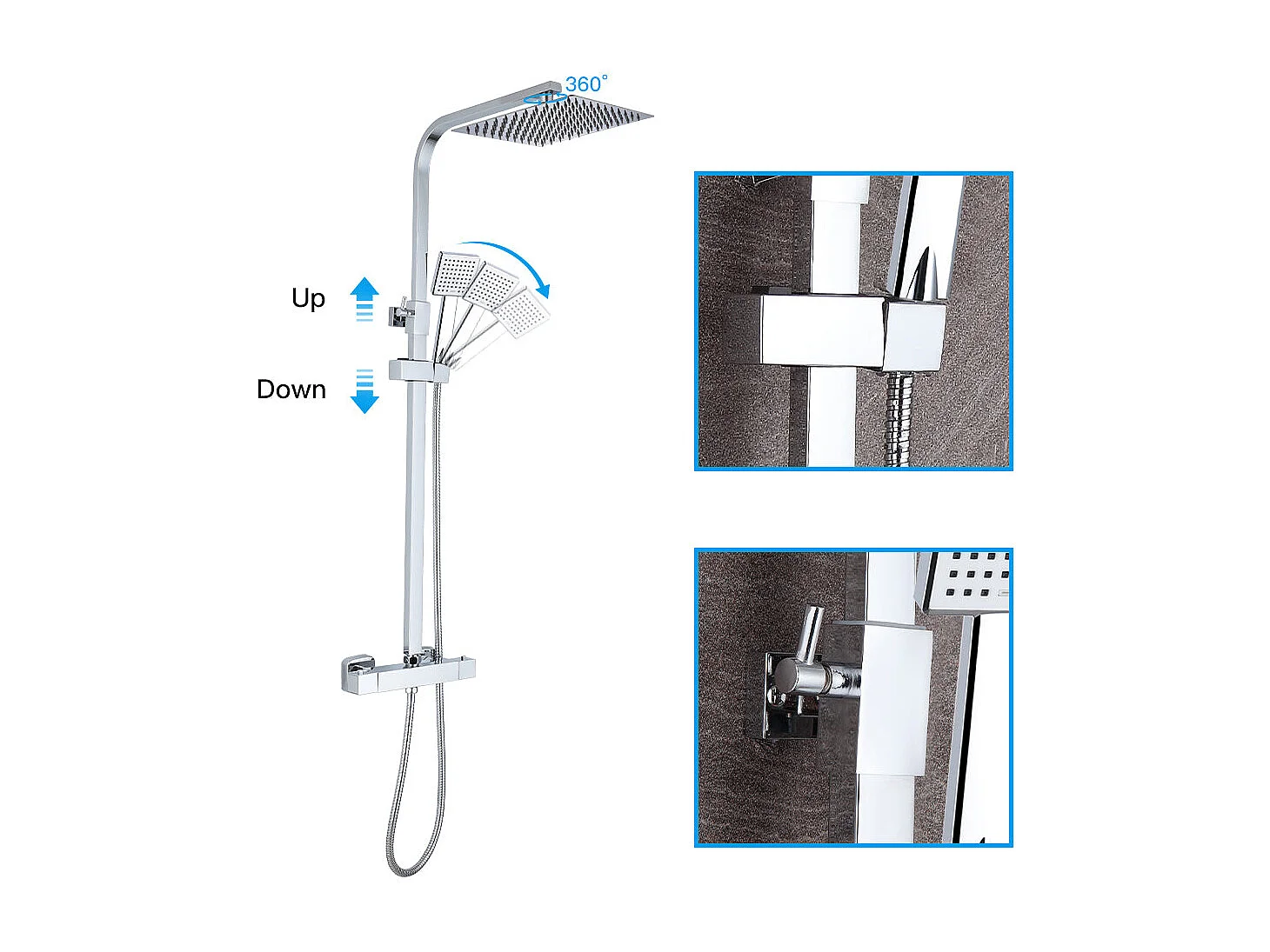 Colonne de Douche Thermostatique, avec Mitigeur Réglable Hauteur, Argentée