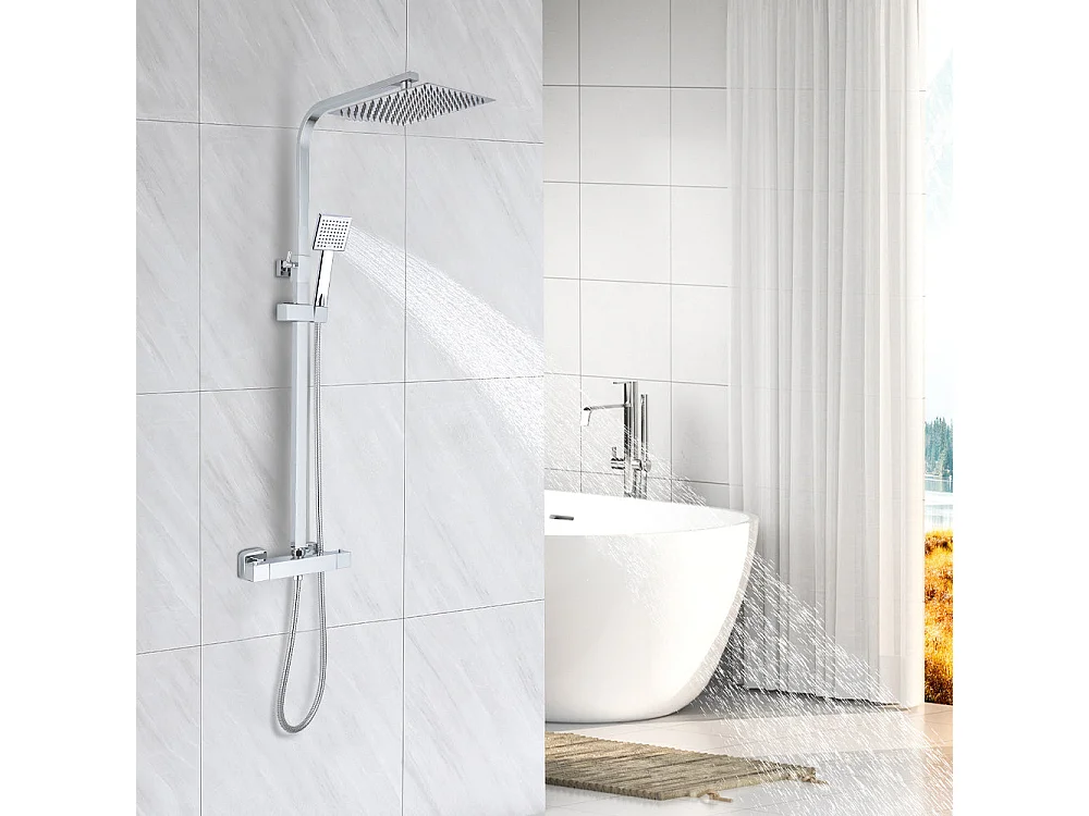 Colonne de Douche Thermostatique, avec Mitigeur Réglable Hauteur, Argentée