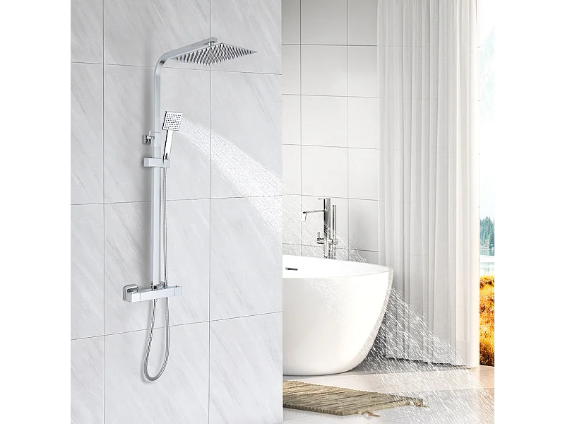 Colonne de Douche Thermostatique, avec Mitigeur Réglable Hauteur, Argentée