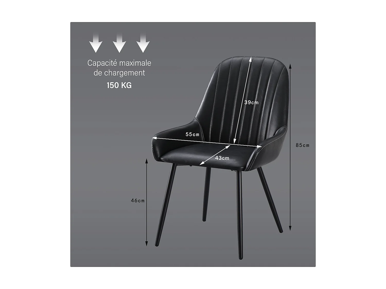 Lot de 2 chaises de salle à manger, tapissées, sur pieds en métal