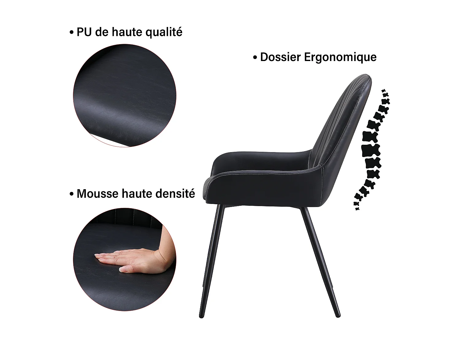 Lot de 2 chaises de salle à manger, tapissées, sur pieds en métal