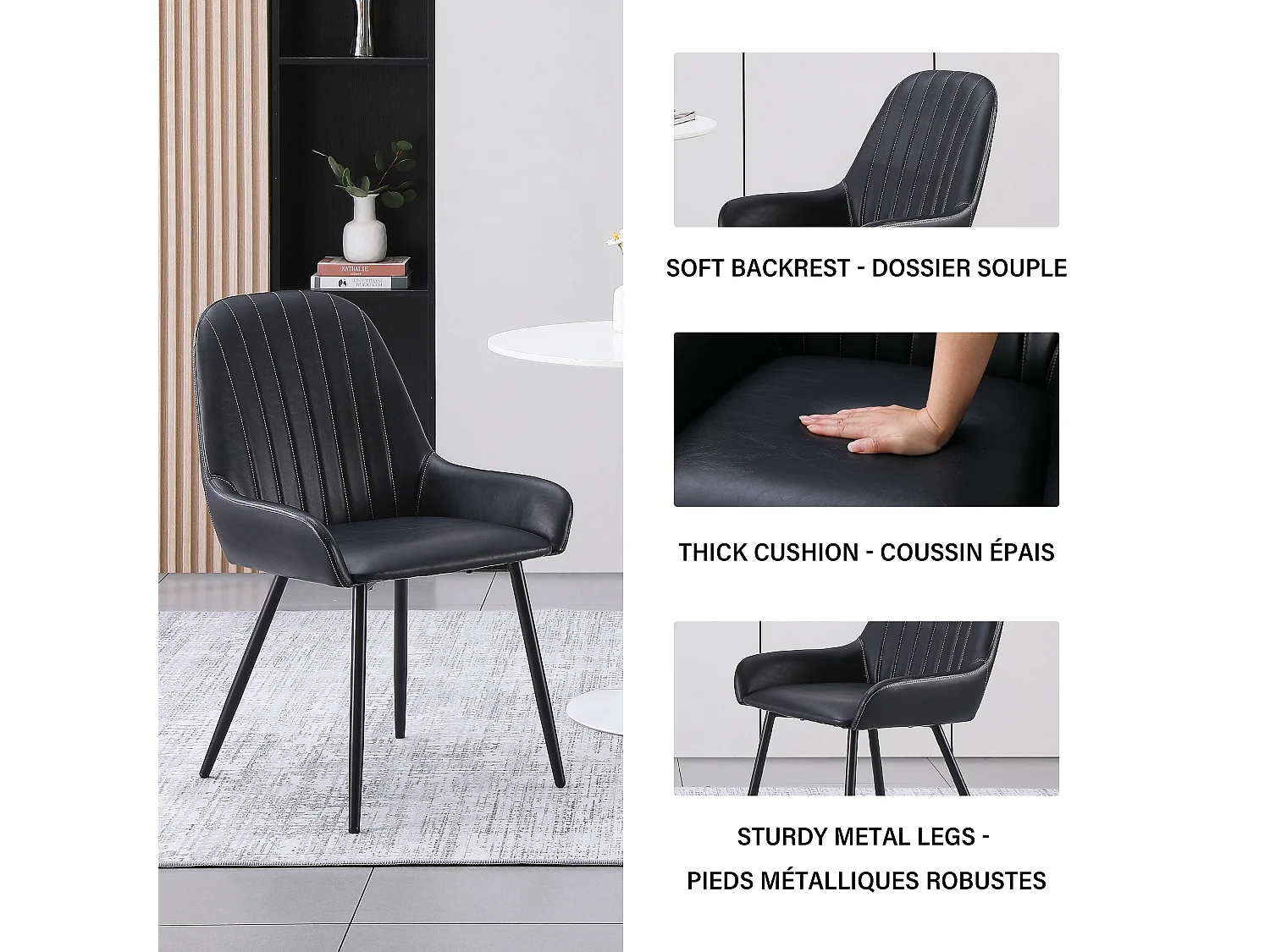 Lot de 2 chaises de salle à manger, tapissées, sur pieds en métal