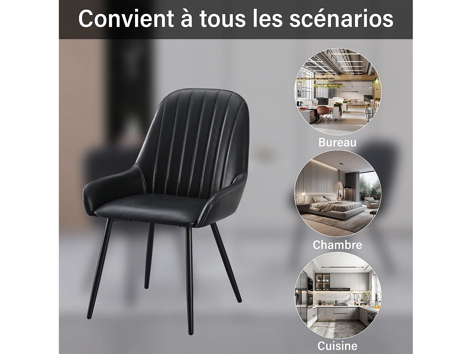 Lot de 2 chaises de salle à manger, tapissées, sur pieds en métal