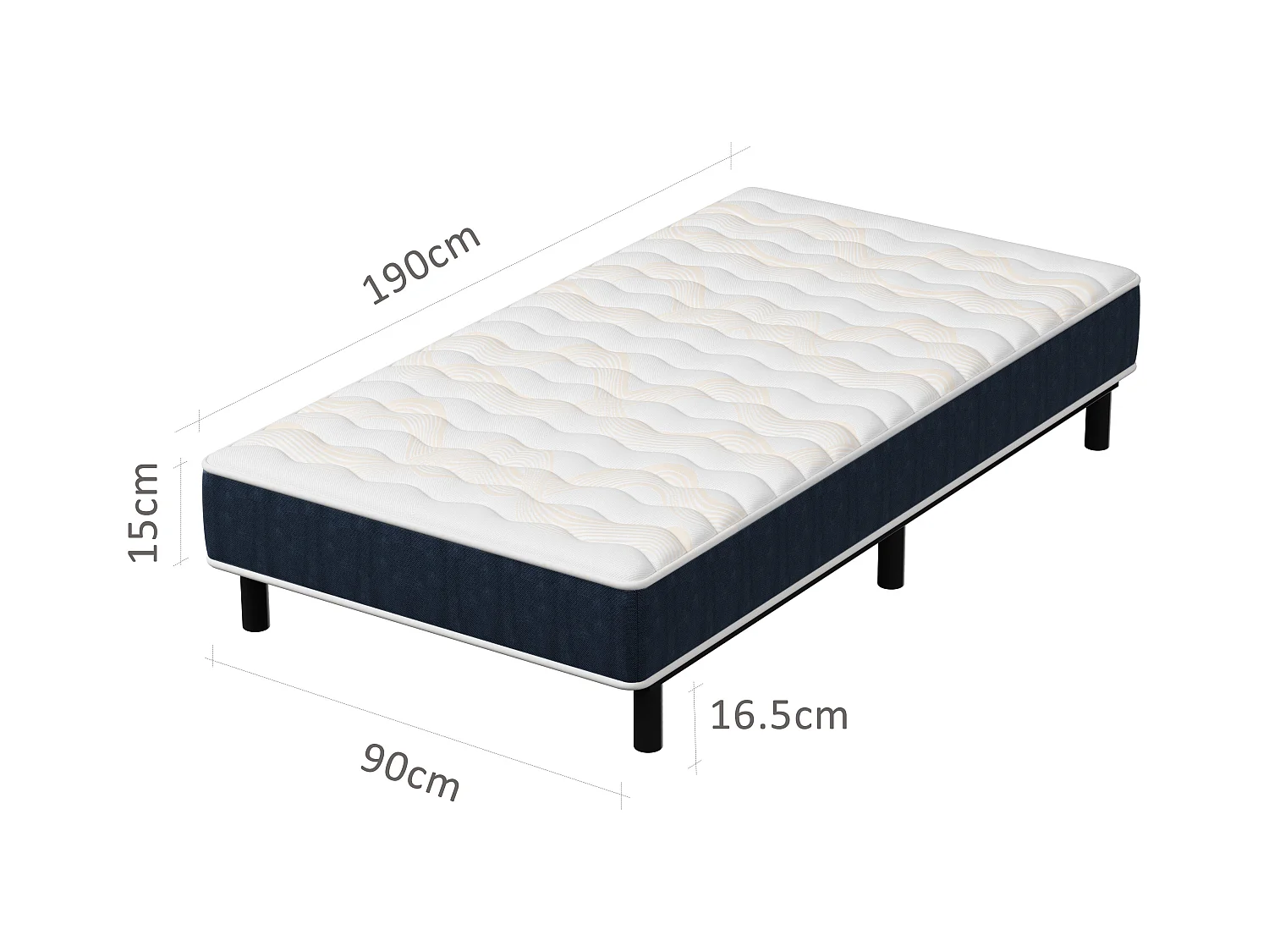 Combinaison lit matelas 90x190 cm, Matelas à Mémoire de Forme + Cadre de Lit en Fer, Comprenant 6 pieds, Epaisseur du matelas 15 cm