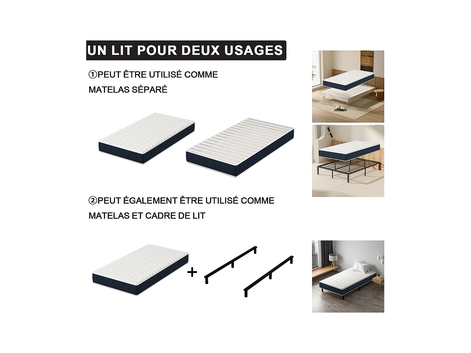 Combinaison lit matelas 90x190 cm, Matelas à Mémoire de Forme + Cadre de Lit en Fer, Comprenant 6 pieds, Epaisseur du matelas 15 cm