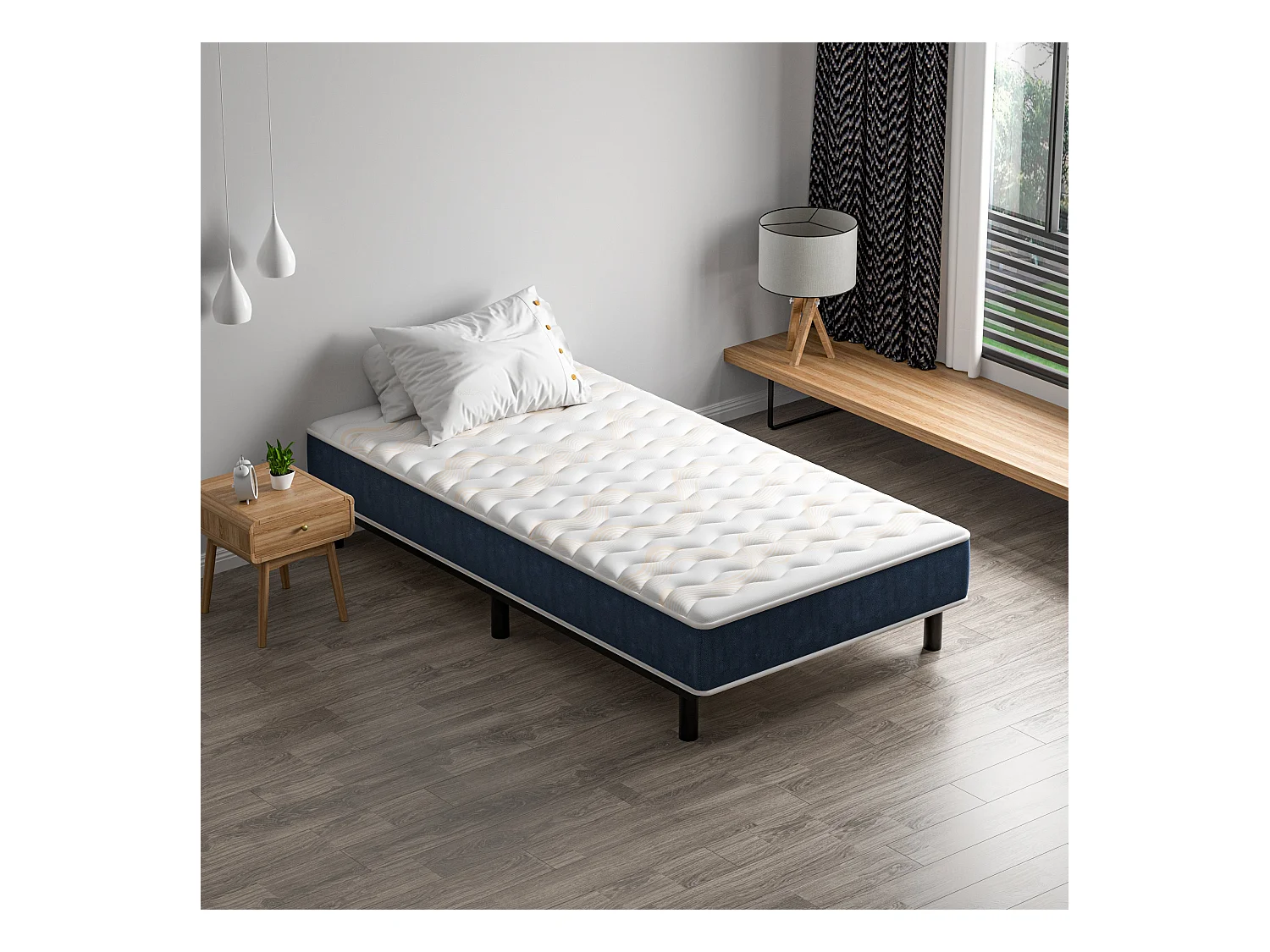 Combinaison lit matelas 90x190 cm, Matelas à Mémoire de Forme + Cadre de Lit en Fer, Comprenant 6 pieds, Epaisseur du matelas 15 cm