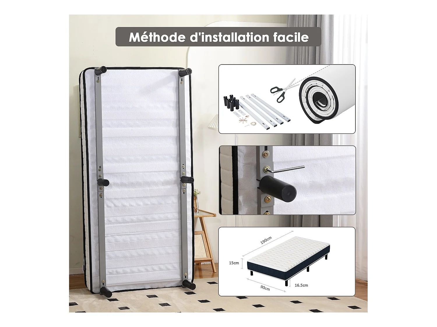 Combinaison lit matelas 90x190 cm, Matelas à Mémoire de Forme + Cadre de Lit en Fer, Comprenant 6 pieds, Epaisseur du matelas 15 cm