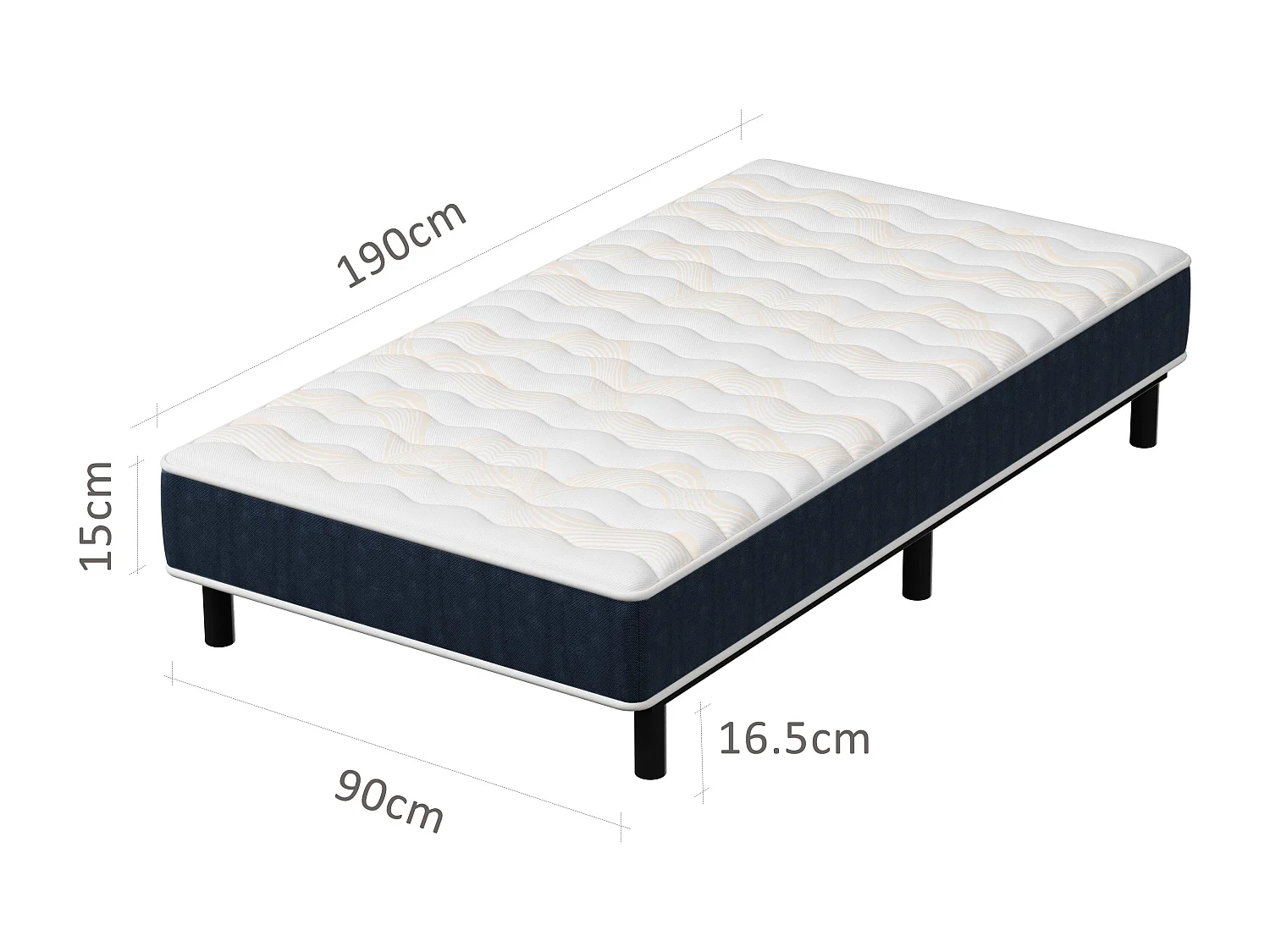 Combinaison lit matelas 90x190 cm, Matelas à Mémoire de Forme + Cadre de Lit en Fer, Comprenant 6 pieds, Epaisseur du matelas 15 cm