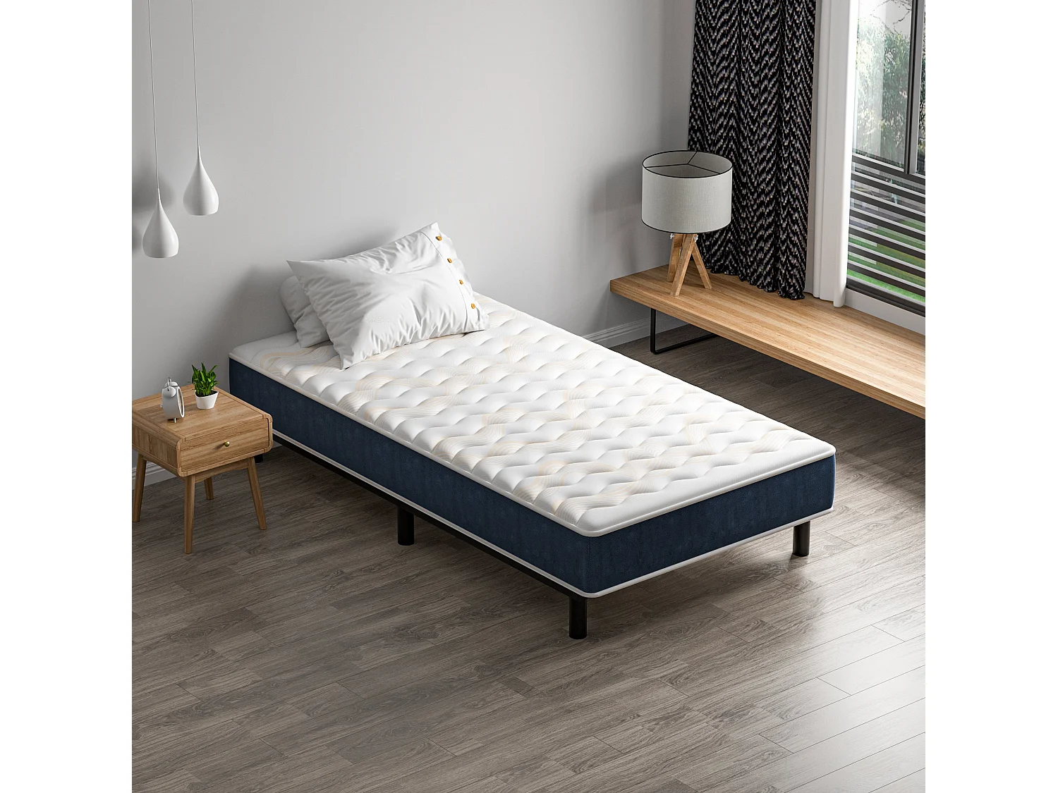 Combinaison lit matelas 90x190 cm, Matelas à Mémoire de Forme + Cadre de Lit en Fer, Comprenant 6
