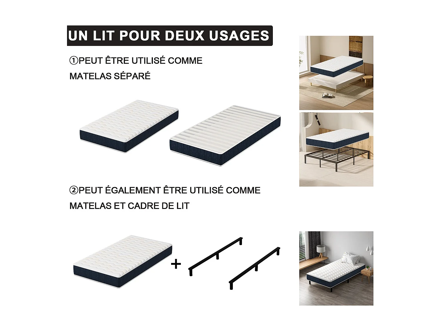 Combinaison lit matelas 90x190 cm, Matelas à Mémoire de Forme + Cadre de Lit en Fer, Comprenant 6